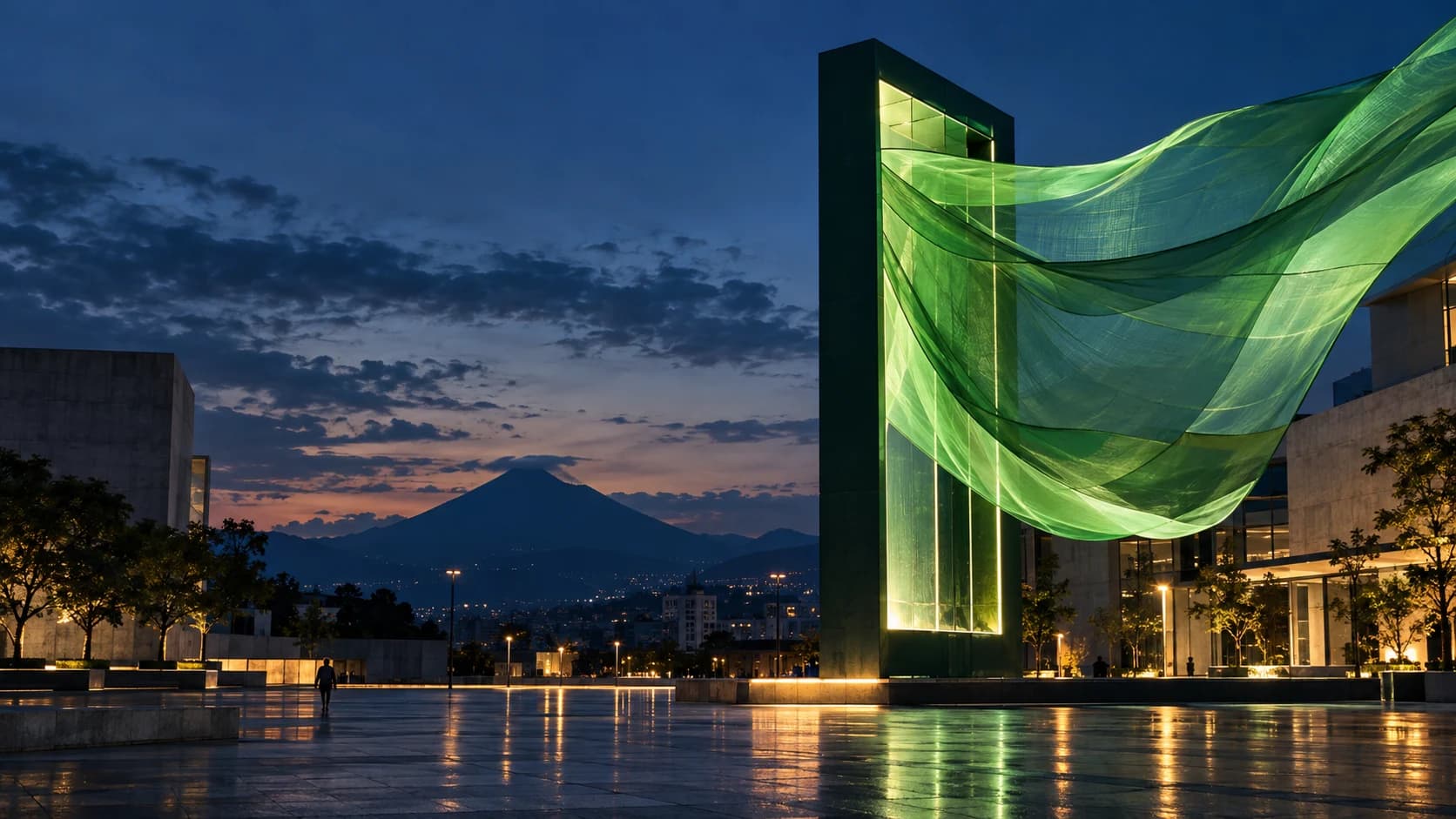 Una pieza verde sale de un marco monumental hacia el cielo de una ciudad: una idea que encuentra su espacio.